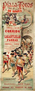 Póster anunciando una corrida de toros en la Plaza de Toros, Nimes, 1 de agosto de 1897, grabado por J. Ortega